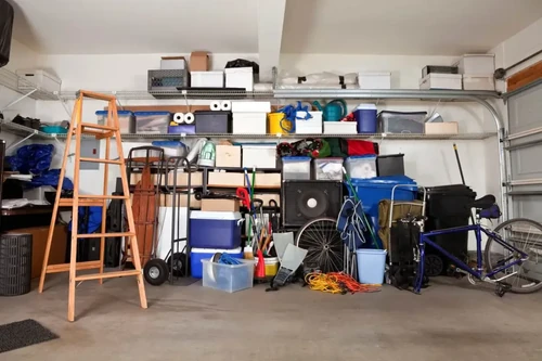 Different items taking up space throughout a garage